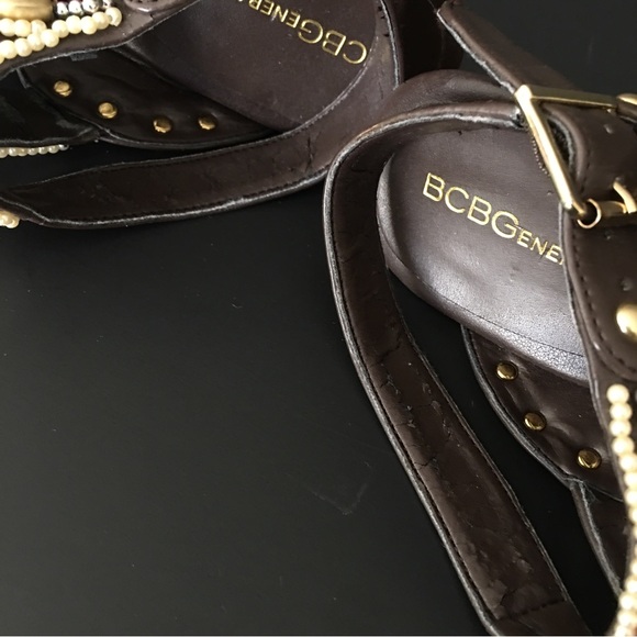 BCBGeneration Tapered Chunky Heels Sandals Brown Embellish Strap Platform 7.5B - Picture 12 of 15